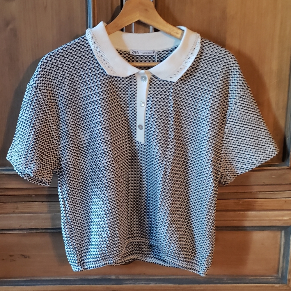 Jacquard Polo Shirt Womens - Blue/White Medium New With Tags Cotton Blend